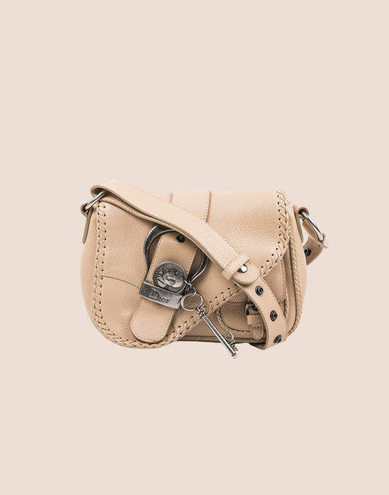 CHRISTIAN DIOR BEIGE PEBBLED CALFSKIN MINI GAUCHO CROSSBODY BAG