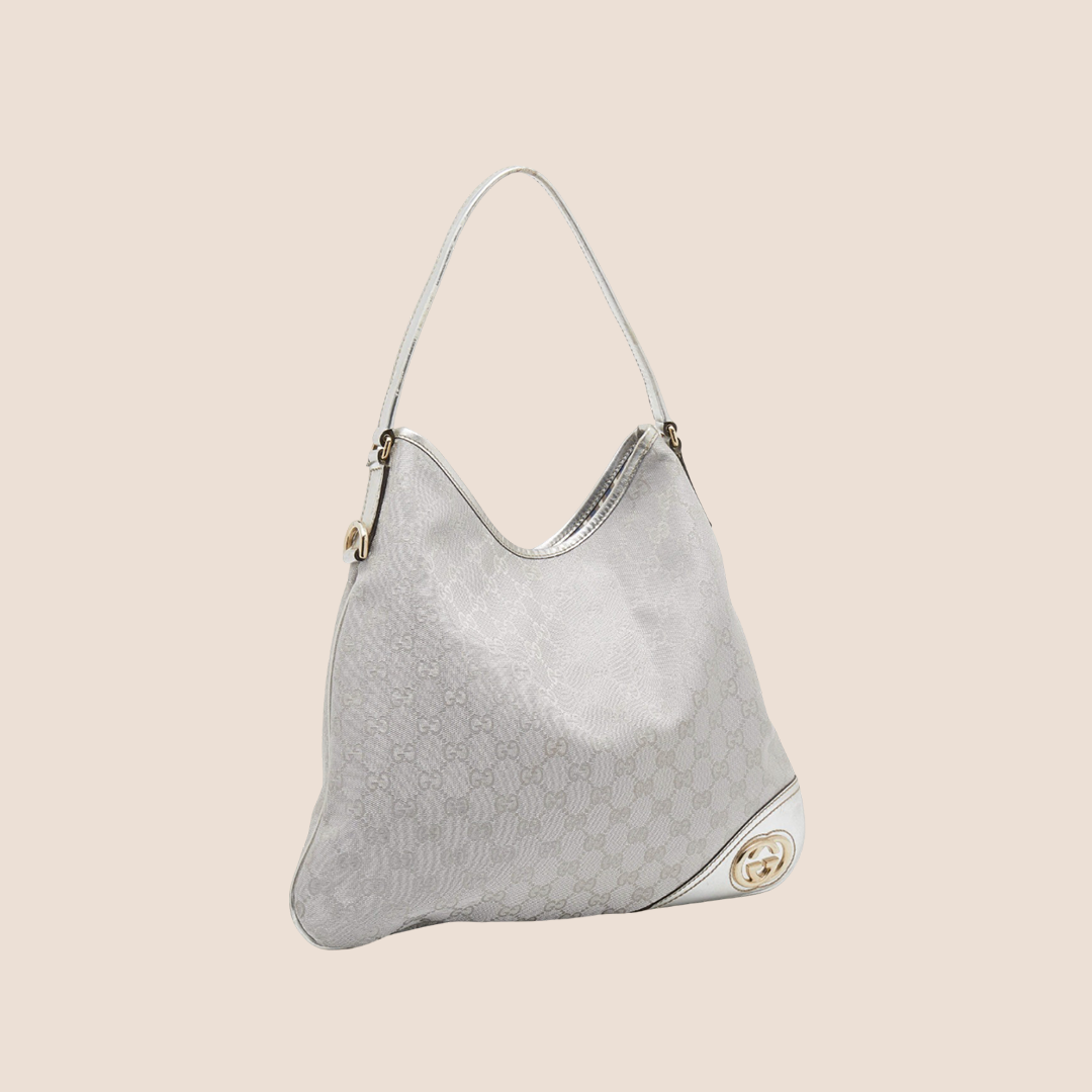 GUCCI 2000 SILVER METALLIC MONOGRAM CANVAS BRITT HOBO BAG