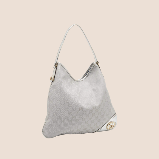 GUCCI 2000 SILVER METALLIC MONOGRAM CANVAS BRITT HOBO BAG