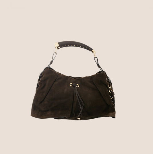 YVES SAINT LAURENT BROWN SUEDE MOMBASA SHOULDER BAG