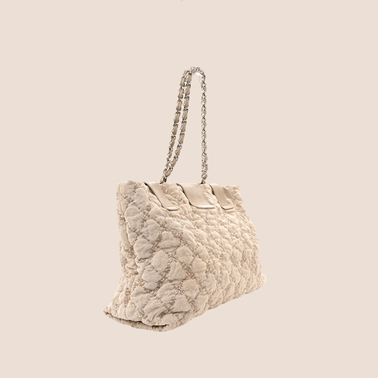 CHANEL BEIGE CANVAS QUILTED TWEED BUBBLE SHOPPING TOTE