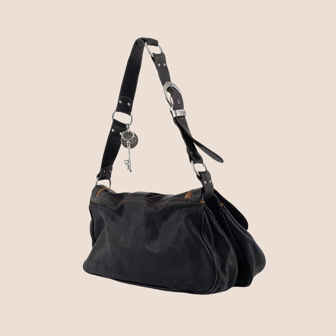 CHRISTIAN DIOR 2006 BLACK LEATHER GAUCHO DOUBLE SADDLE BAG