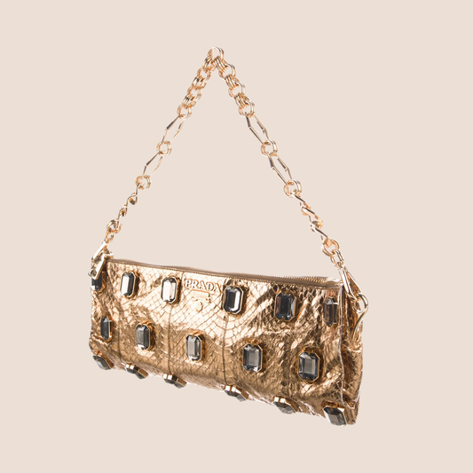 PRADA GOLD EMBOSSED PYTHON METALLIC CRYSTAL CHAIN BAG
