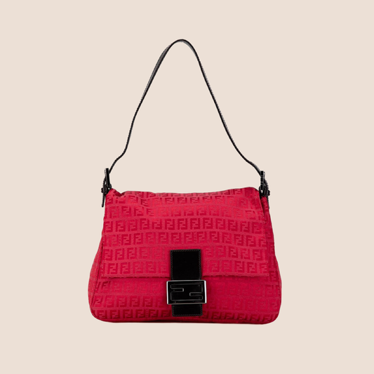 FENDI RED ZUCCHINO CANVAS MAMMA BAGUETTE BAG