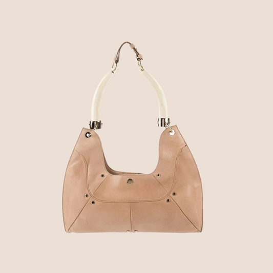 YVES SAINT LAURENT BEIGE LEATHER STRUCTURED MOMBASA SHOULDER BAG