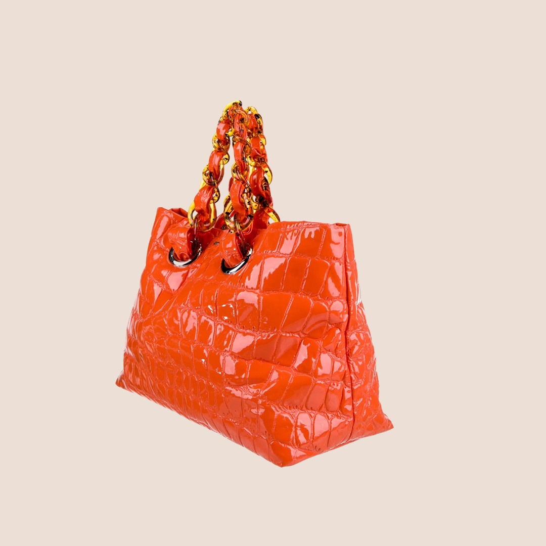 MIU MIU ORANGE PATENT LEATHER JUMBO CROC EMBOSSED TOTE BAG