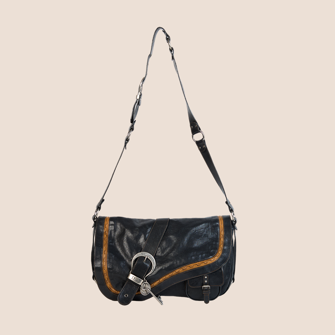 CHRISTIAN DIOR 2006 BLACK LEATHER GAUCHO SADDLE BAG