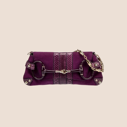 GUCCI PURPLE SUEDE PYTHON TRIM HORSEBIT CHAIN CLUTCH BAG