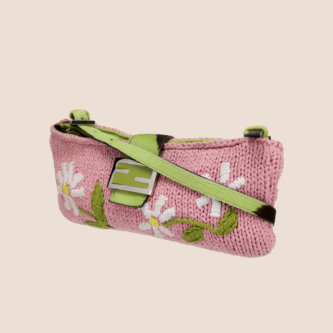 FENDI 2000 PINK KNIT FLORAL MINI BAGUETTE BAG