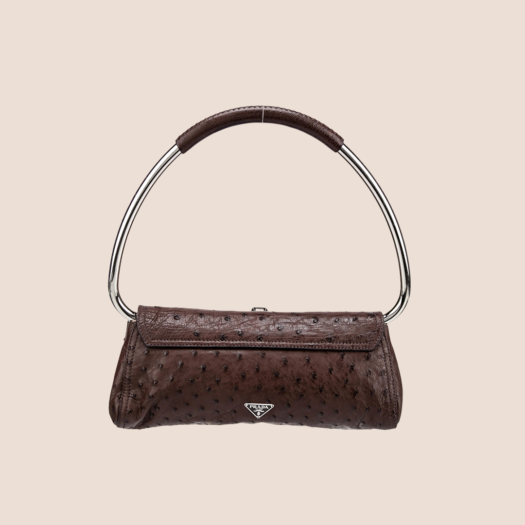 PRADA BROWN OSTRICH RICAMO SWING BAG