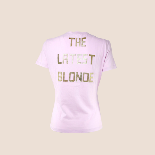 CHRISTIAN DIOR PINK & GOLD "J'ADORE DIOR" METAL LOGO T-SHIRT