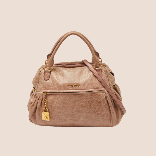 MIU MIU 2000 DUSTY PINK LEATHER DISTRESSED SATCHEL BAG