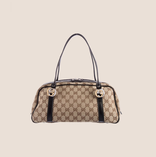 GUCCI BROWN GG CANVAS TWINS BOSTON BAG