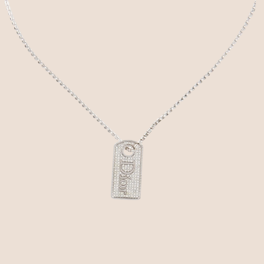 CHRISTIAN DIOR 2000s SILVER RHINESTONE DOG TAG NECKLACE