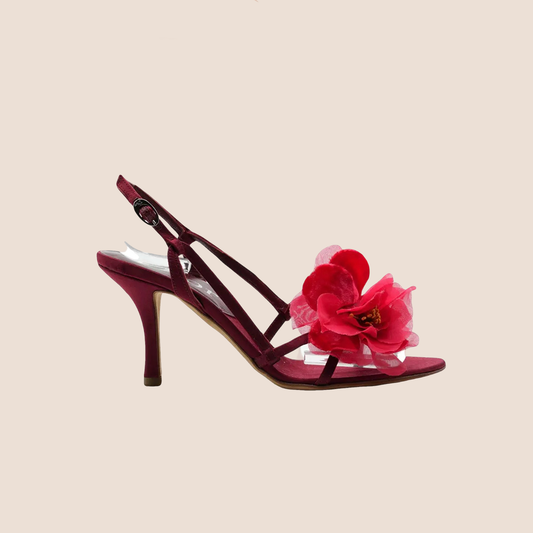 CHRISTIAN DIOR 2000 BURGUNDY SATIN FLOWER SANDALS