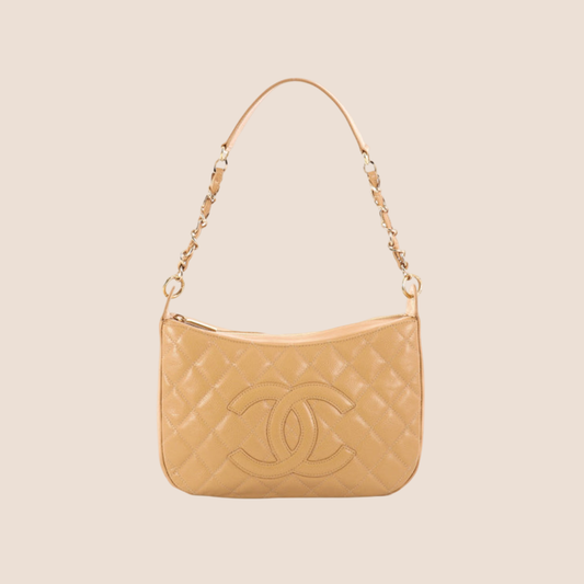 CHANEL BEIGE CAVIAR CC LOGO QUILTED POCHETTE BAG