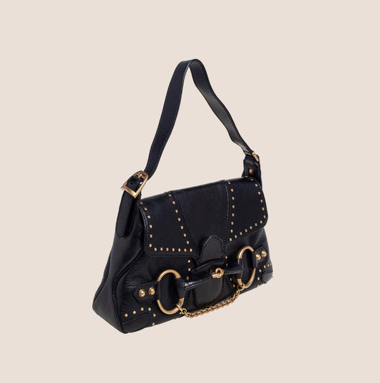 GUCCI BY TOM FORD BLACK LIZARD & LEATHER STUDDED SHOULDER BAG