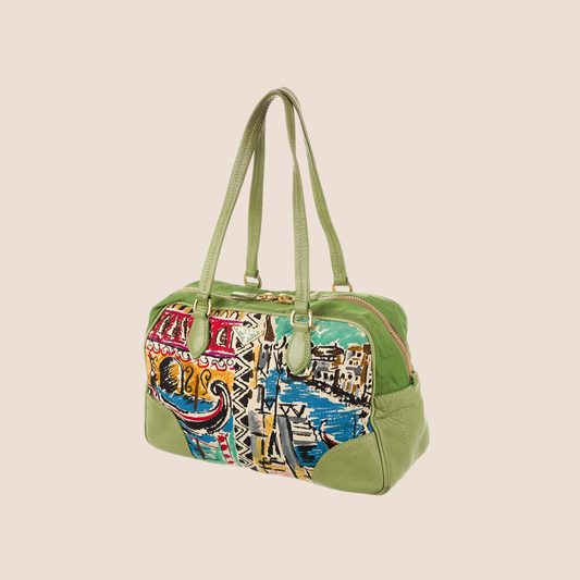 PRADA GREEN CANAPA STAMPATA VENICE SHOULDER BAG