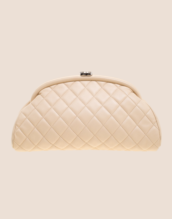 CHANEL BEIGE QUILTED LAMBSKIN LEATHER CLUTCH BAG