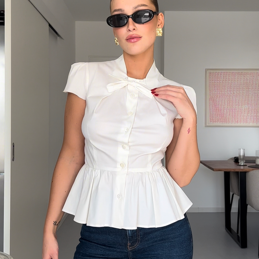 PRADA WHITE COTTON BOW RUFFLE SHIRT