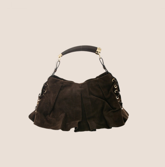 YVES SAINT LAURENT BROWN SUEDE MOMBASA SHOULDER BAG