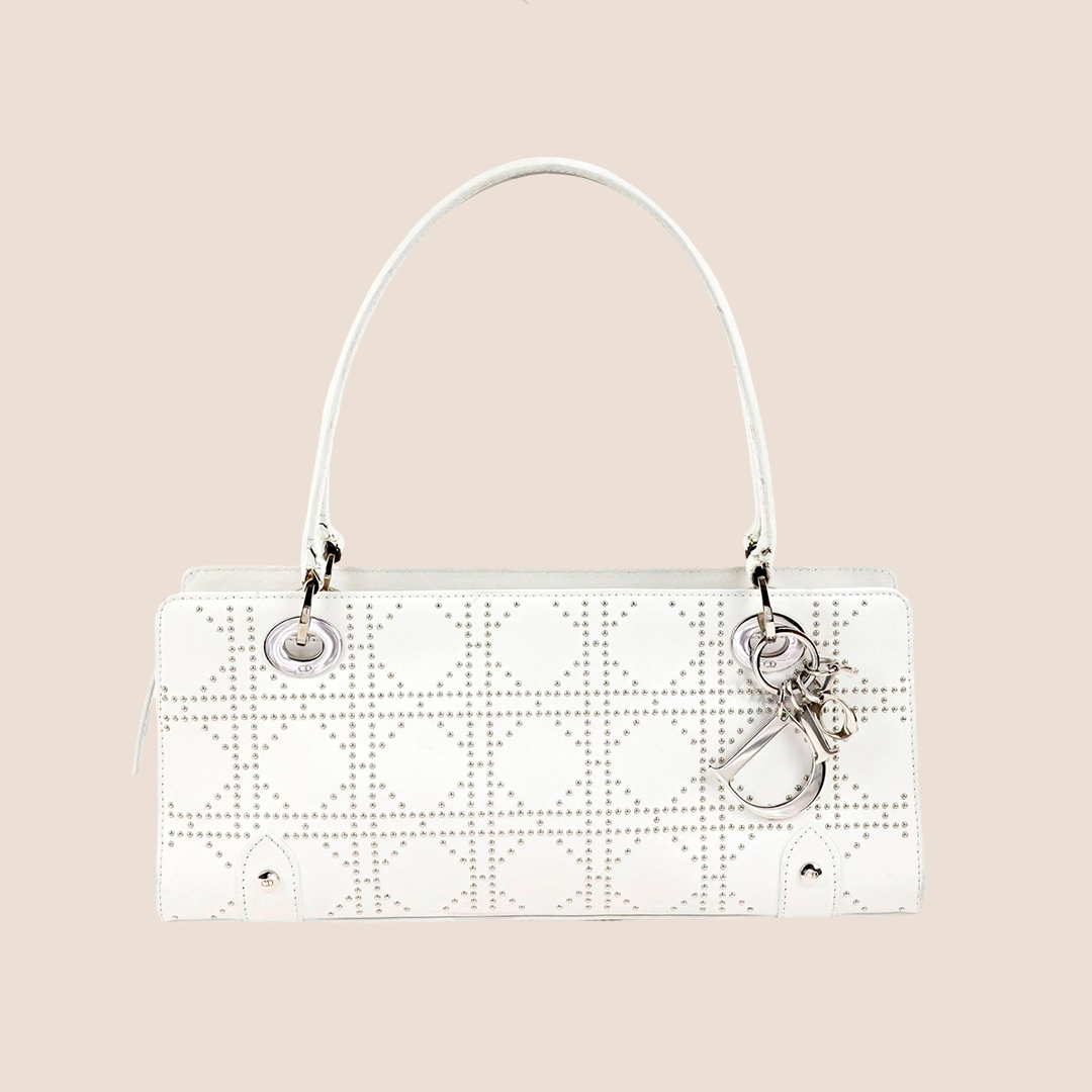 CHRISTIAN DIOR WHITE LEATHER CANNAGE EAST WEST LADY DIOR TOTE BAG