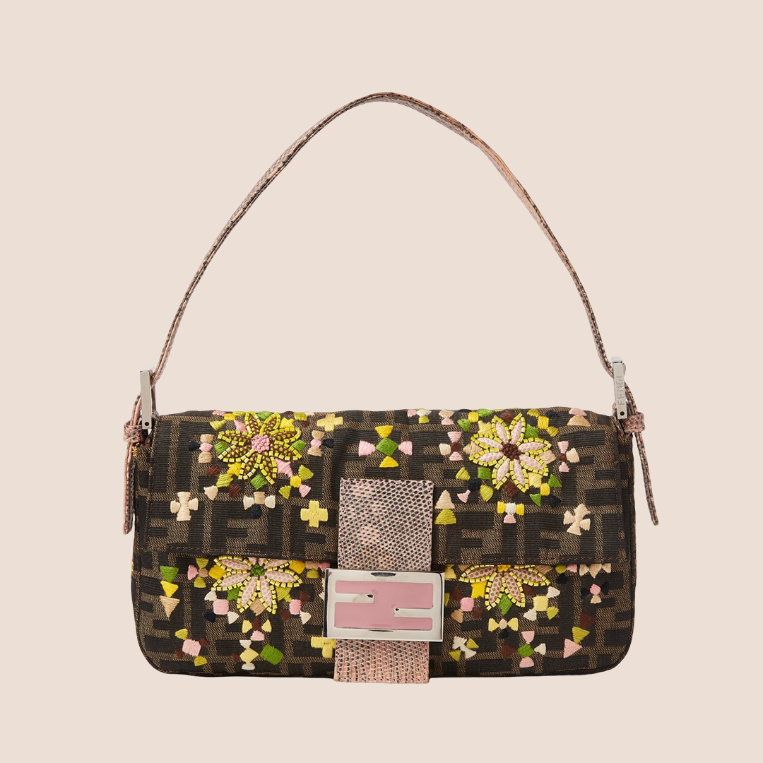 FENDI 2002 BROWN ZUCCA FLORAL EMBROIDERED BAGUETTE BAG