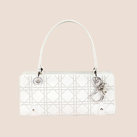 CHRISTIAN DIOR WHITE LEATHER CANNAGE EAST WEST LADY DIOR TOTE BAG