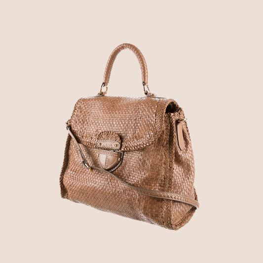 PRADA BROWN MADRAS TOP HANDLE BAG