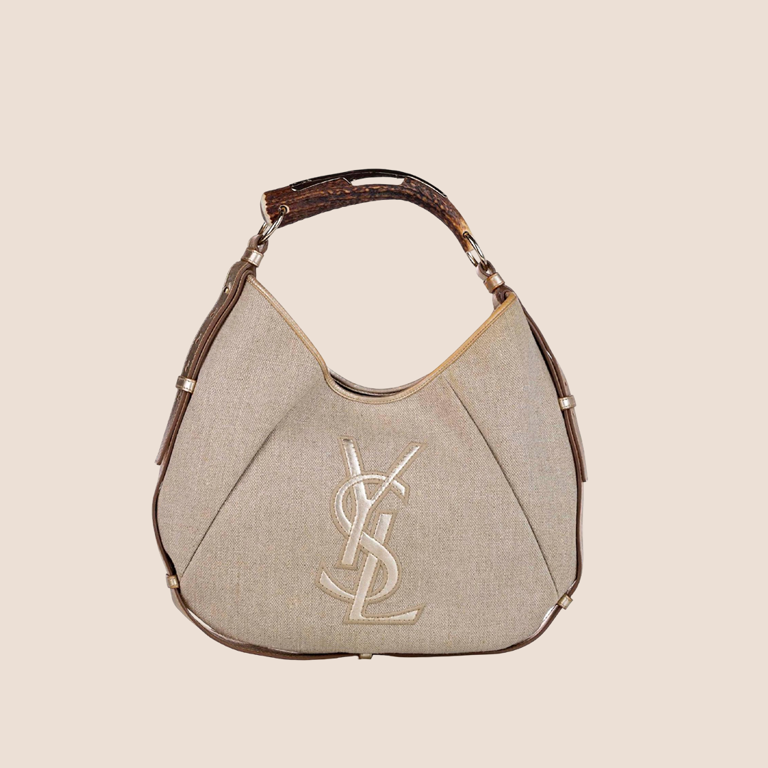 YVES SAINT LAURENT BEIGE CANVAS YSL MOMBASA HOBO BAG