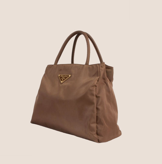PRADA CORINTO BROWN LOGO NYLON HANDBAG