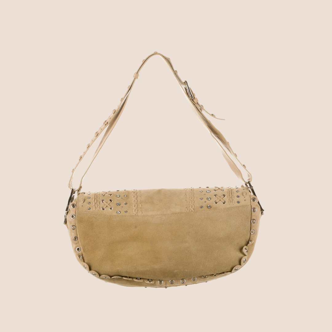 CHRISTIAN DIOR 2005 BEIGE SUEDE LEATHER PEACE LOGO CRYSTAL HOBO BAG
