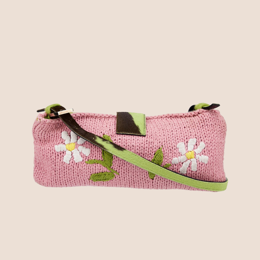 FENDI 2000 PINK KNIT FLORAL MINI BAGUETTE BAG