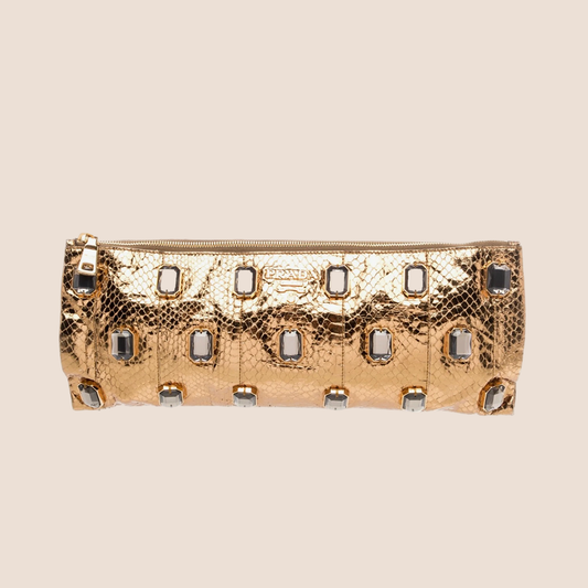 PRADA GOLD EMBOSSED PYTHON METALLIC CRYSTAL CHAIN CLUTCH