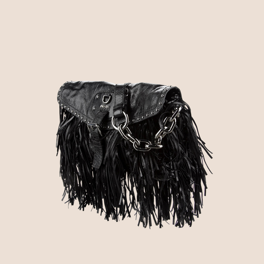 PRADA 2000 BLACK LEATHER FRINGE SHOULDER BAG