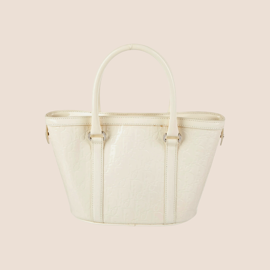 CHRISTIAN DIOR CREAM PATENT LEATHER DIORISSIMO EMBOSSED TOTE BAG