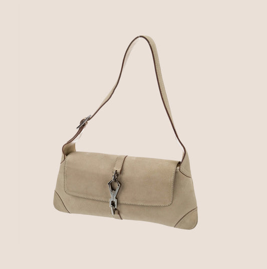 GUCCI BEIGE SUEDE JACKIE O BAGUETTE BAG