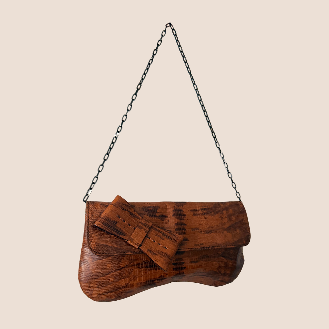 MIU MIU 2000 BROWN LIZARD BOW CHAIN SHOULDER BAG