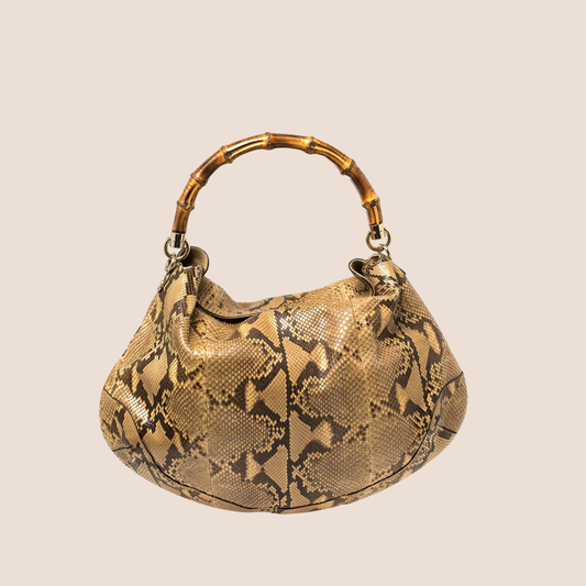 GUCCI BROWN PYTHON PEGGY BAMBOO HOBO BAG