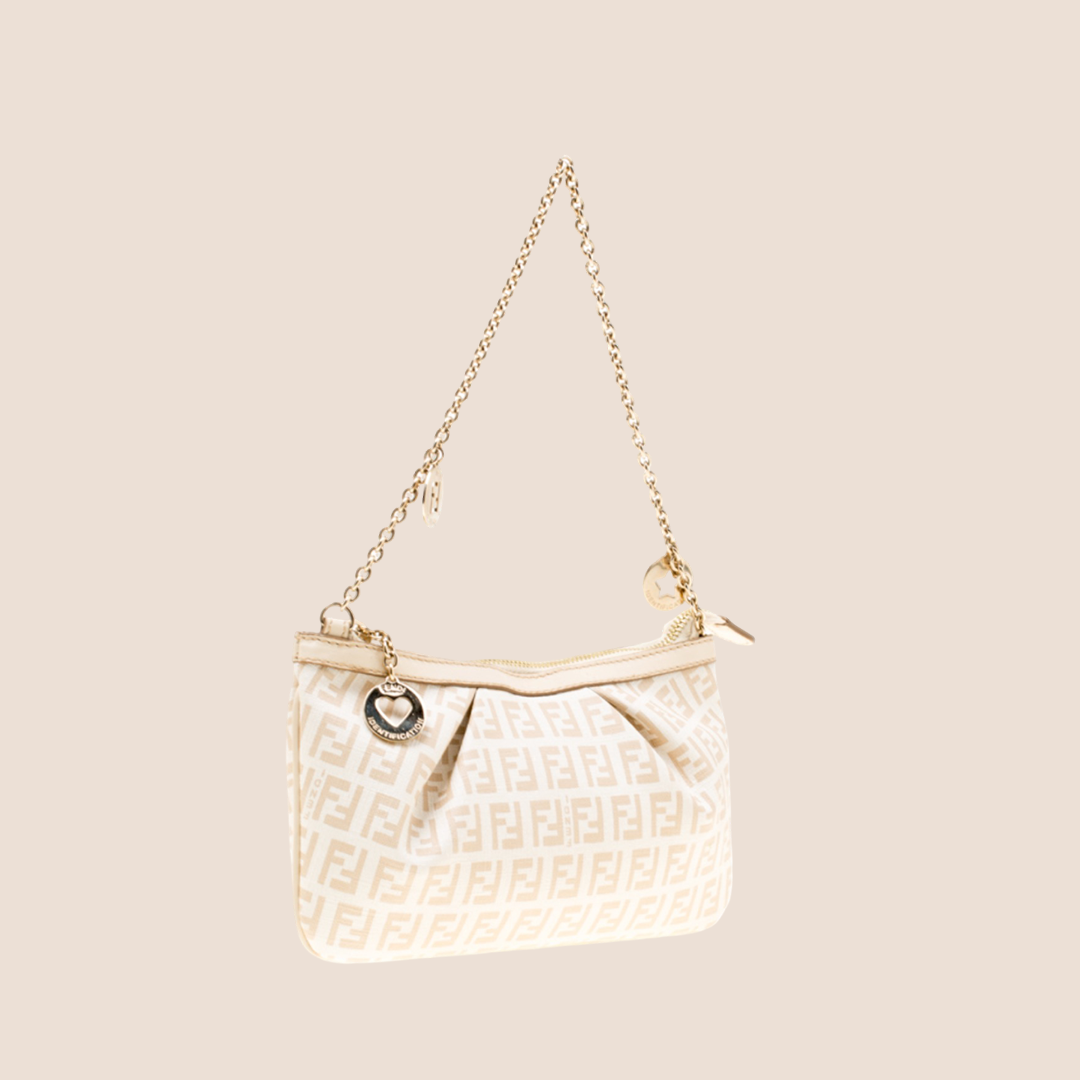FENDI CREAM ZUCCHINO CANVAS CHARM CHAIN POCHETTE BAG