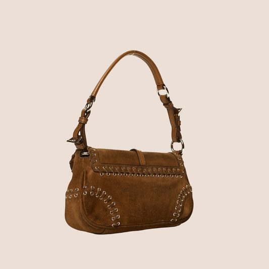 PRADA 2000 BROWN SUEDE WHIPSTITCH GROMMET SHOULDER BAG