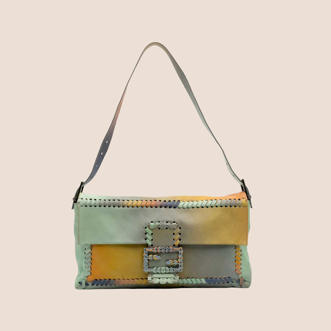 FENDI 2008 MULTICOLOR PASTEL LEATHER WHIPSTITCH JUMBO BAGUETTE BAG