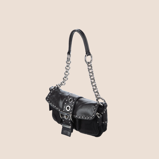 PRADA 2000 BLACK STUDDED NAPPA BUCKLE SHOULDER BAG