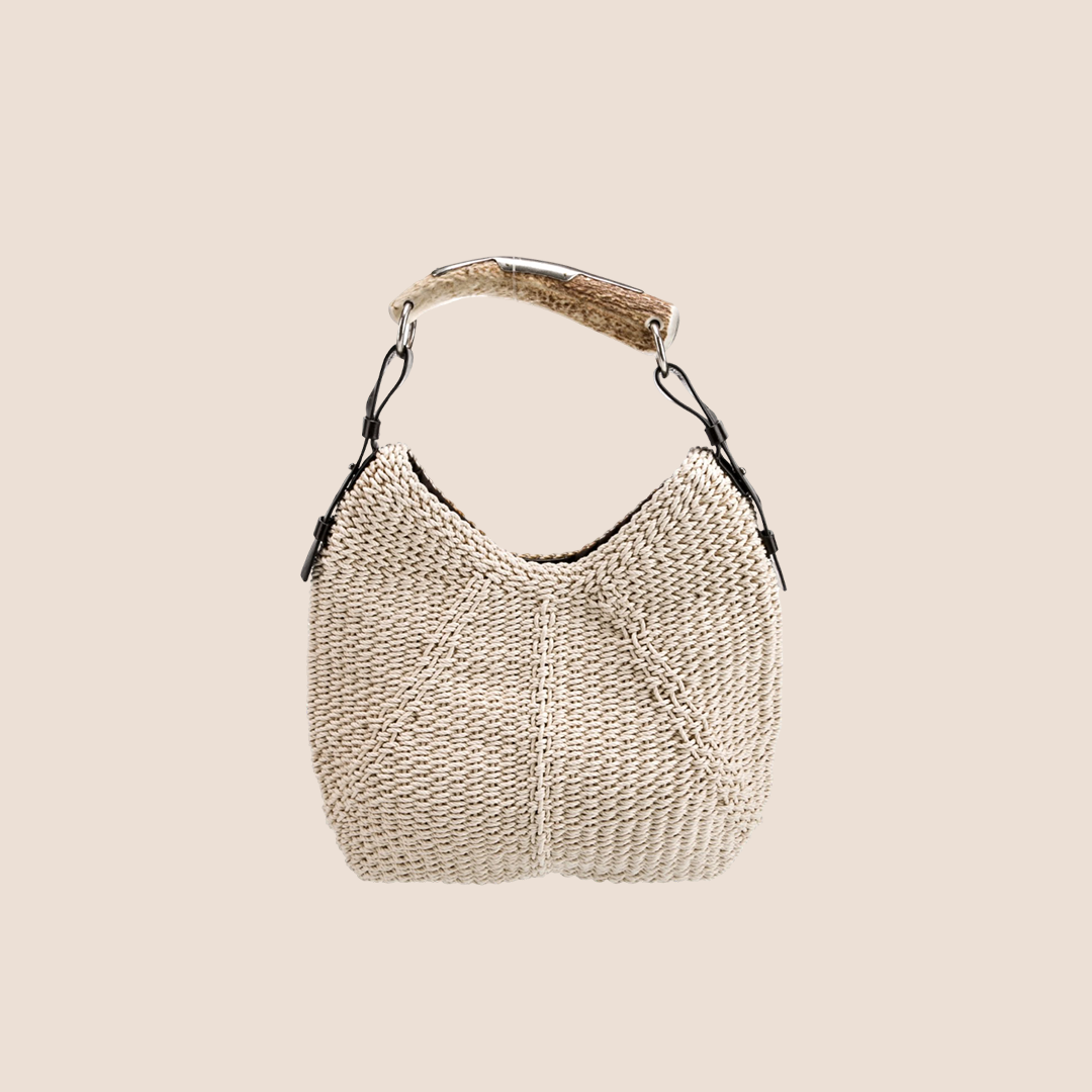 YVES SAINT LAURENT BEIGE KNIT MOMBASA TOP HANDLE BAG