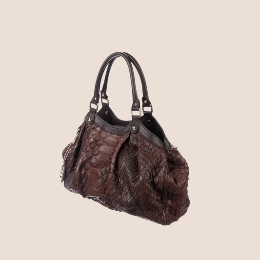GUCCI BROWN ALLIGATOR SUKEY TOTE BAG