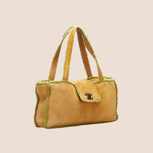 CHANEL BEIGE & GREEN SUEDE SHEARLING TRIM FLAP BAG