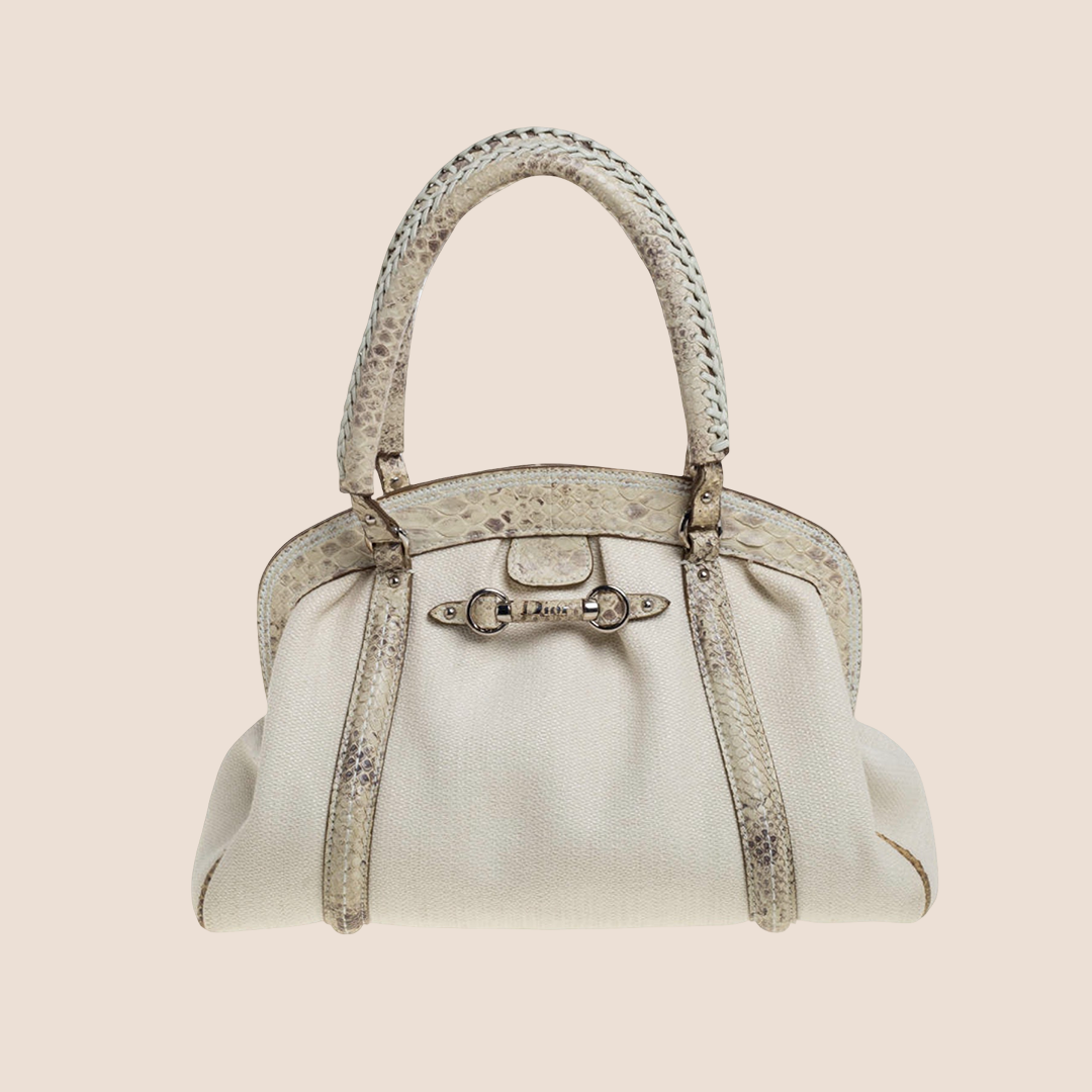 CHRISTIAN DIOR WHITE & BEIGE PYTHON CANVAS SATCHEL