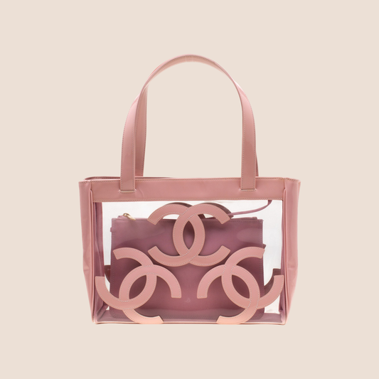 CHANEL PINK LEATHER PVC TRIPLE CC LOGO TOTE BAG