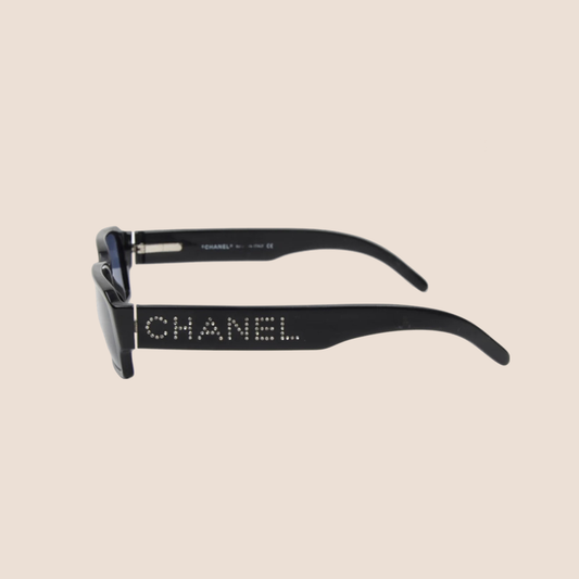CHANEL 90s BLACK RHINESTONE LOGO RECTANGLE SUNGLASSES