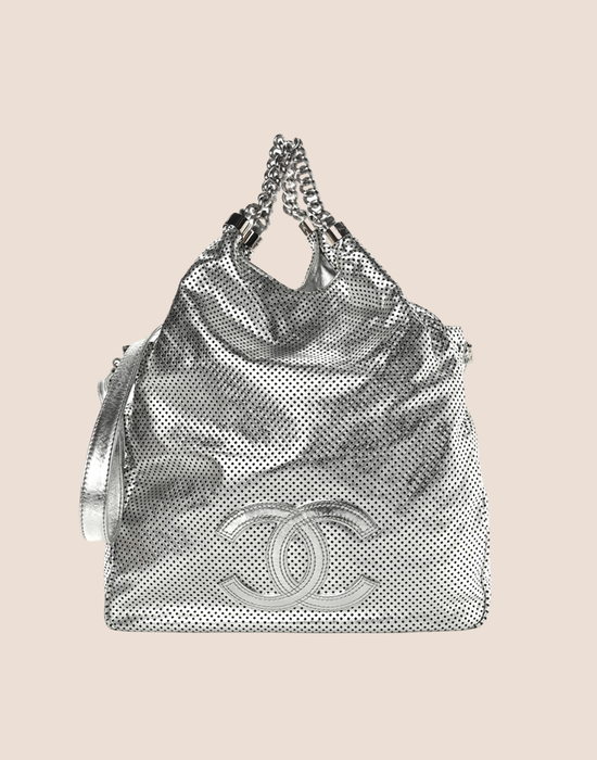 CHANEL METALLIC SILVER PERFORATED RODEO HOBO BAG